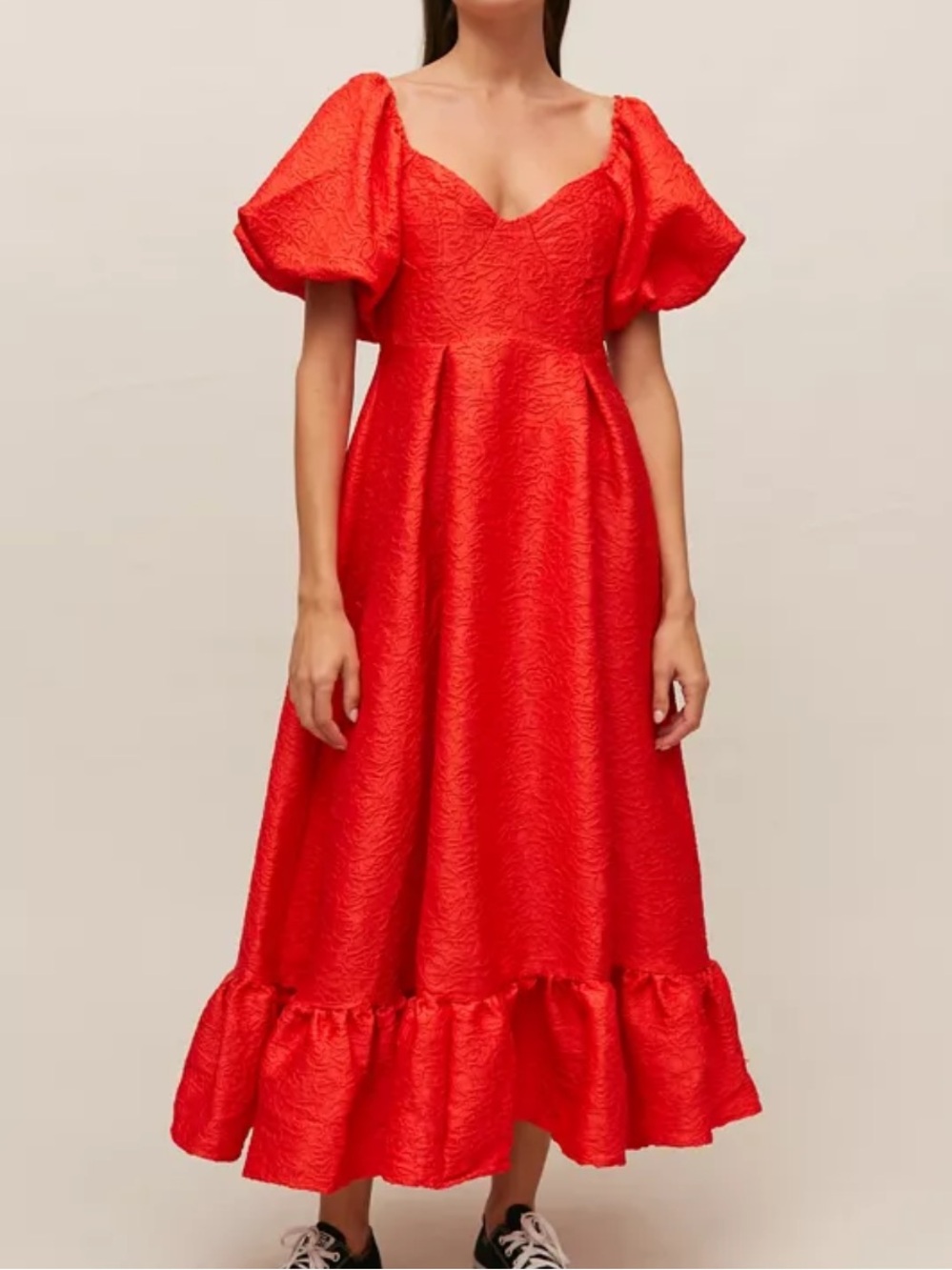 SISTER JANE WOMENS RED ROSE JACQUARD GRANDMA MIDI DRESS PUFF SLEEVE MEDIUM